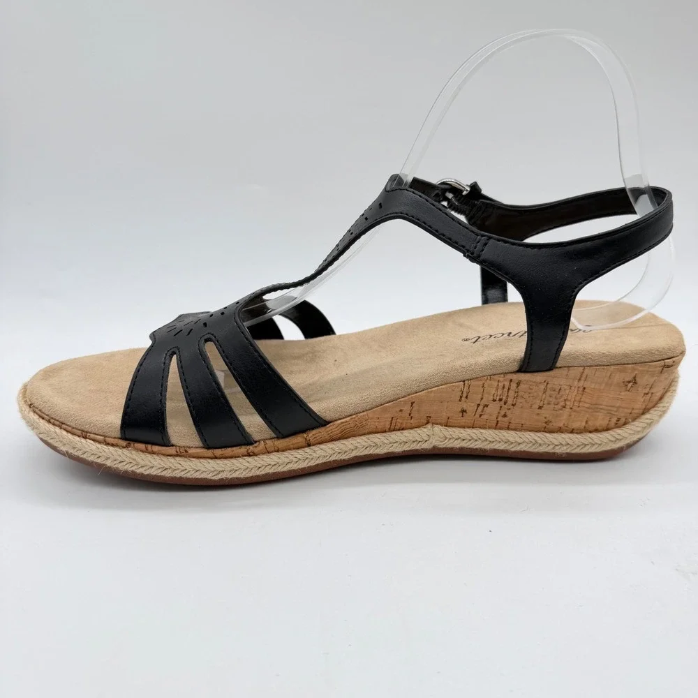 Easy Street Women Black Laser Cut Wedge Espadrille Sandals 31-6731 Size 9.5 W